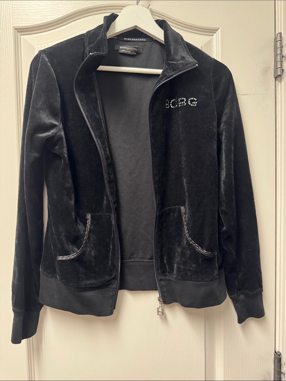 BCBG Black Velour Zip-Up Track Jacket